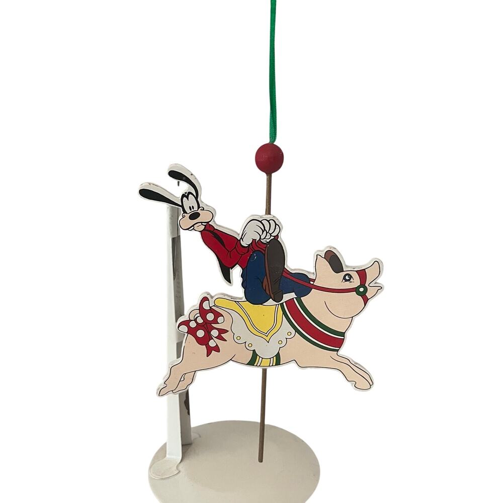 Vtg Kurt Adler Disney Wood Ornament Goofy Riding Carousel Pig Rare Christmas